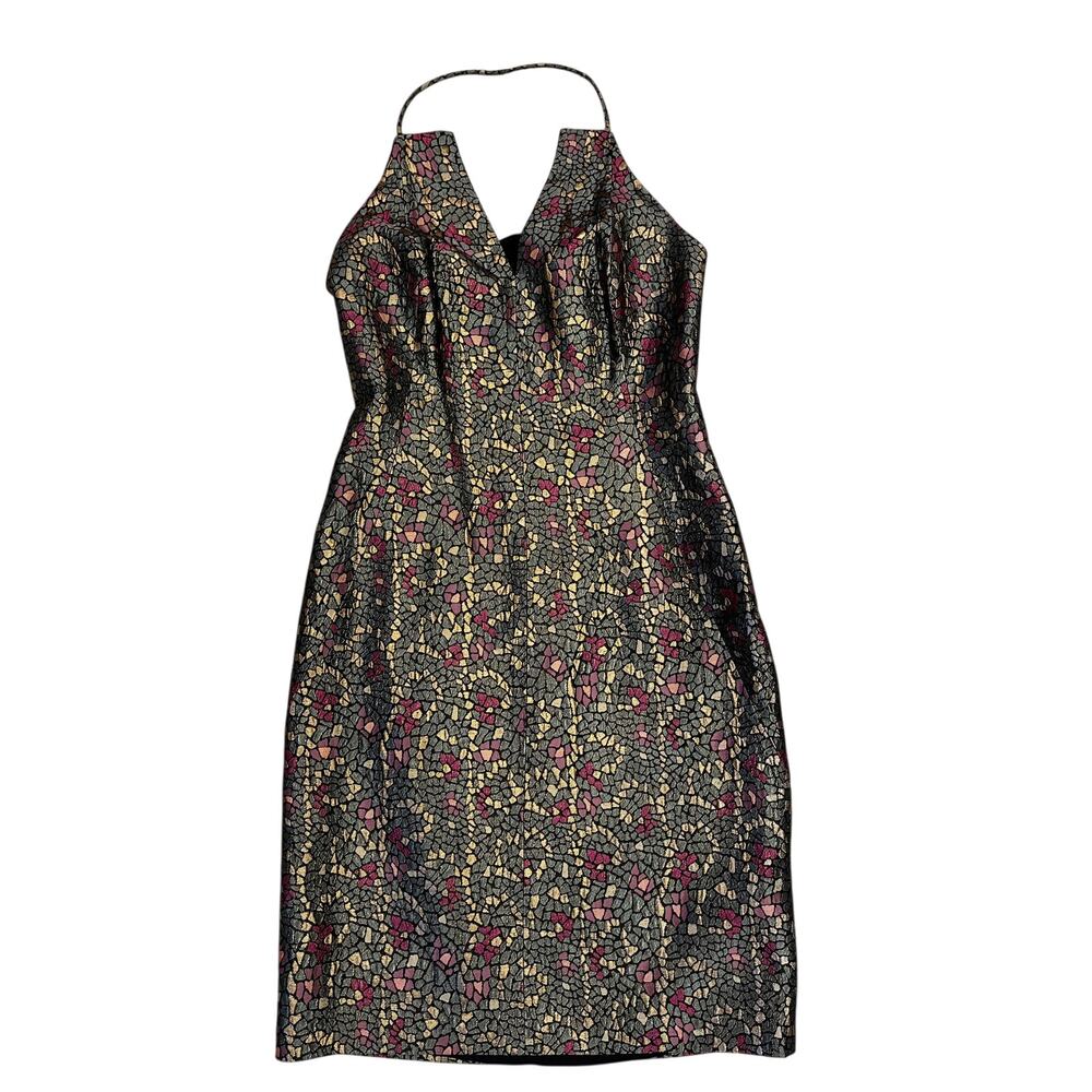 David Meister Metallic Brocade Halter Cocktail Dress Open Back sz 8